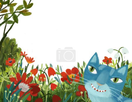 Photo for Cartoon scene with magical cat with magicaly looking meadow in the forest in sunny day illustration for kids - Royalty Free Image