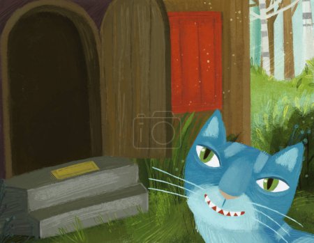 Photo for Cartoon scene with magical cat in the hidden room of some cosy house like house with lots of doors illustration for kids - Royalty Free Image