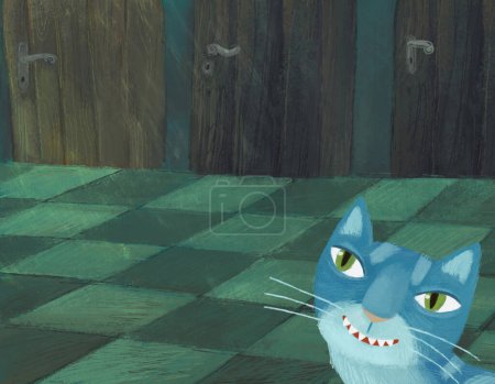 Foto de Escena de dibujos animados con gato mágico en la habitación oculta de algún castillo como casa con muchas puertas ilustración para niños - Imagen libre de derechos