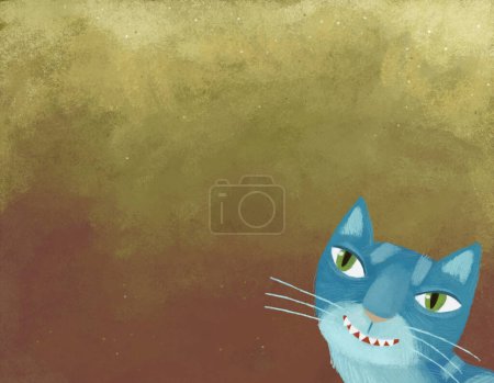 Téléchargez les photos : Scène de dessin animé avec chat magique avec ciel d'automne doré comme fond avec du vent et de légères touches illustration pour les enfants - en image libre de droit