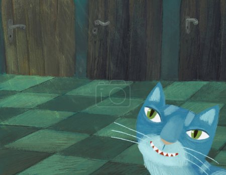 Téléchargez les photos : Scène de dessin animé avec chat magique dans la pièce cachée d'un château comme une maison avec beaucoup de portes illustration pour les enfants - en image libre de droit