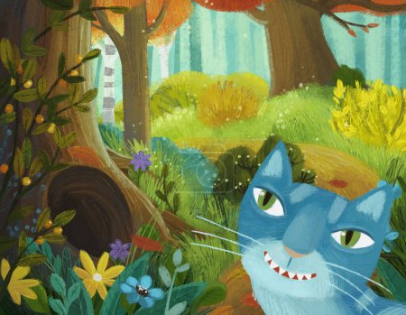 Photo for Cartoon scene with magical cat  with magicaly looking meadow in the forest in sunny day illustration for kids - Royalty Free Image