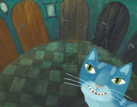 Téléchargez les photos : Scène de dessin animé avec chat magique dans la pièce cachée d'un château comme une maison avec beaucoup de portes et table ronde et illustration de feuilles d'automne pour les enfants - en image libre de droit