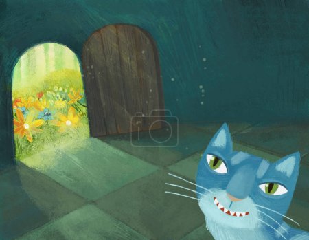 Téléchargez les photos : Scène de dessin animé avec chat magique dans la pièce cachée d'un château comme maison et portes ouvertes illustration pour les enfants - en image libre de droit