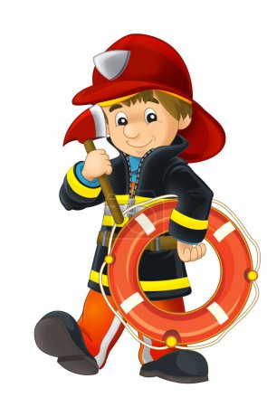 Téléchargez les photos : Dessin animé pompier heureux et drôle avec lifebouy illustration isolée pour enfants - en image libre de droit