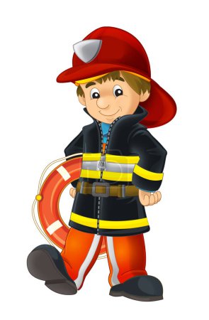 Téléchargez les photos : Dessin animé pompier heureux et drôle avec lifebouy illustration isolée pour enfants - en image libre de droit
