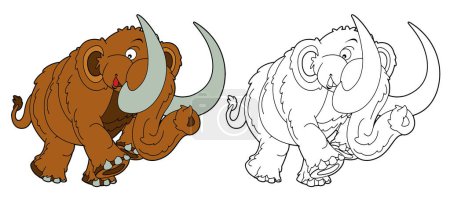 Téléchargez les photos : Scène de dessin animé avec mammouth éléphant préhistorique avec coloriage illustration isolée pour enfants - en image libre de droit