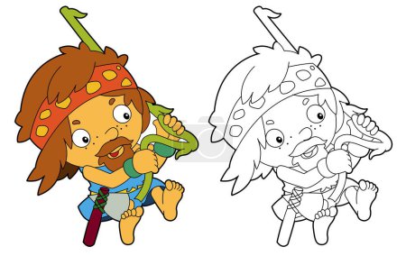 Photo for Cartoon scene with caveman stonage man isolated with coloring page illustration for children - Royalty Free Image