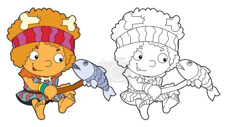 Foto de Escena de dibujos animados con hombre de piedra cavernícola aislado con ilustración de página para colorear para niños - Imagen libre de derechos