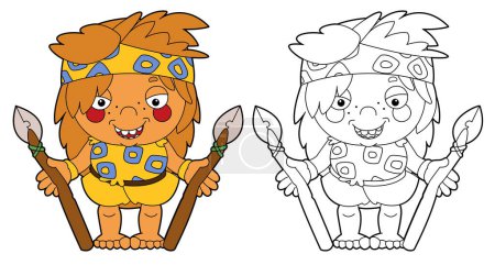 Foto de Escena de dibujos animados con hombre de piedra cavernícola aislado con ilustración de página para colorear para niños - Imagen libre de derechos