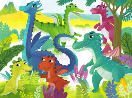 Foto de Escena de dibujos animados con diferentes dinosaurios sonrientes dinosaurios en la selva primitiva ilustración divertida prehistórica para niños - Imagen libre de derechos