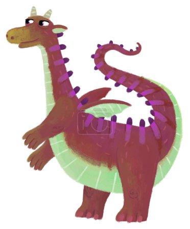Téléchargez les photos : Dessin animé heureux et drôle dragon médiéval coloré ou dinosaure dino illustration isolée pour les enfants - en image libre de droit