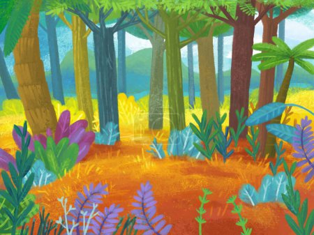 Foto de Escena de dibujos animados con bosque selva pradera fauna zoológico paisaje ilustración para niños - Imagen libre de derechos