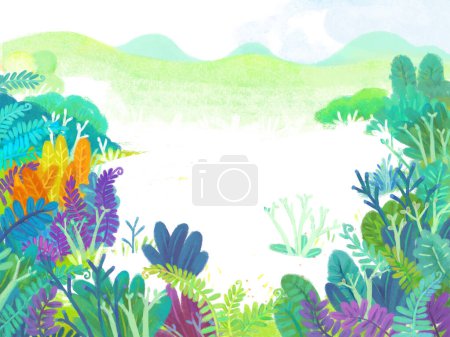 Téléchargez les photos : Scène de dessin animé avec forêt jungle prairie faune zoo décor illustration pour les enfants - en image libre de droit