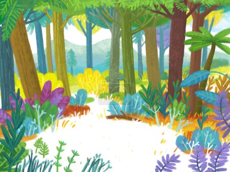 Téléchargez les photos : Scène de dessin animé avec forêt jungle prairie faune zoo décor illustration pour les enfants - en image libre de droit