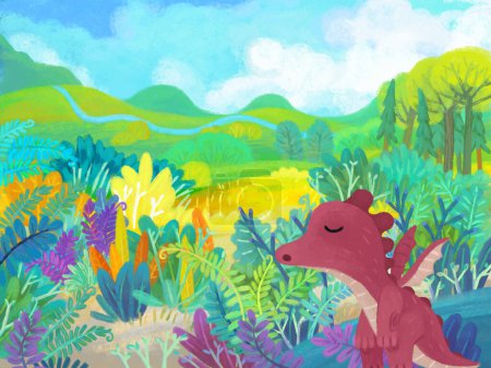 Téléchargez les photos : Scène de dessin animé avec forêt jungle prairie faune avec dragon dino dinosaure animal zoo décor illustration pour les enfants - en image libre de droit