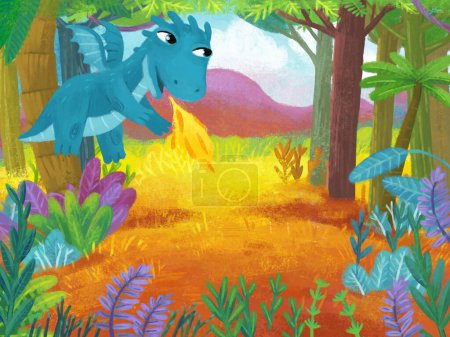 Foto de Escena de dibujos animados con bosque selva pradera fauna con dragón dinosaurio dinosaurio animal zoológico paisaje ilustración para niños - Imagen libre de derechos