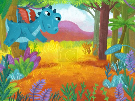 Foto de Escena de dibujos animados con bosque selva pradera fauna con dragón dinosaurio dinosaurio animal zoológico paisaje ilustración para niños - Imagen libre de derechos