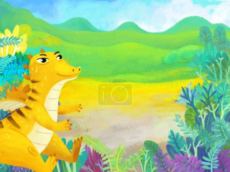 Téléchargez les photos : Scène de dessin animé avec forêt jungle prairie faune avec dragon dino dinosaure animal zoo décor illustration pour les enfants - en image libre de droit