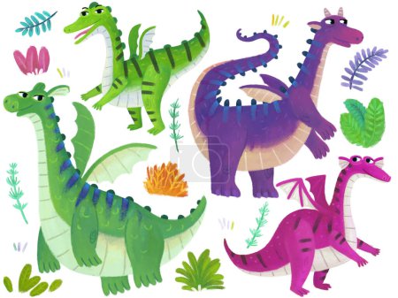 Téléchargez les photos : Scène de dessin animé avec forêt jungle prairie éléments faune avec dragons dino dinosaures animaux zoo décor sur fond blanc illustration pour les enfants - en image libre de droit
