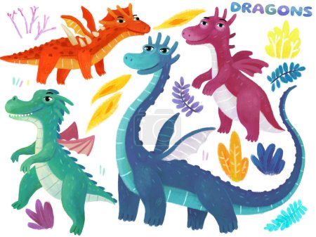 Foto de Escena de dibujos animados con elementos del prado selva bosque vida silvestre con dragones dinosaurios dinosaurios animales zoológico paisaje sobre fondo blanco ilustración para niños - Imagen libre de derechos