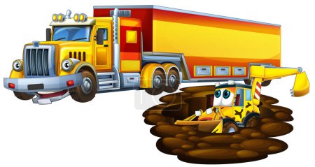 Téléchargez les photos : Scène de dessin animé avec camion cargo lourd et excavatrice pelleteuse travailleurs parler ensemble étant illustration heureuse pour les enfants - en image libre de droit