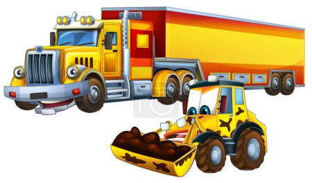 Foto de Escena de dibujos animados con camión de carga pesada y excavadora excavadora trabajadores hablando juntos siendo ilustración feliz para los niños - Imagen libre de derechos
