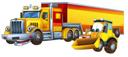 Photo for Cartoon scene with heavy cargo truck and excavator digger workers talking togehter being happy illustration for kids - Royalty Free Image
