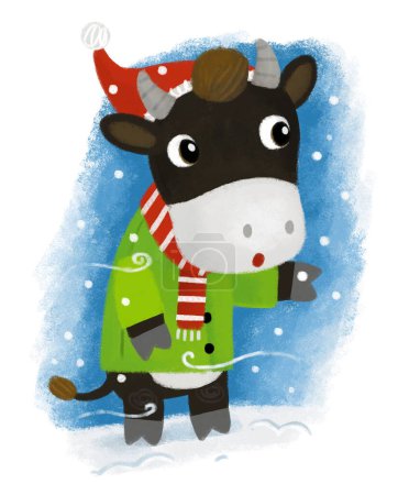 Téléchargez les photos : Scène de dessin animé avec heureuse petite vache sur la neige s'amuser dans l'illustration d'hiver pour les enfants - en image libre de droit