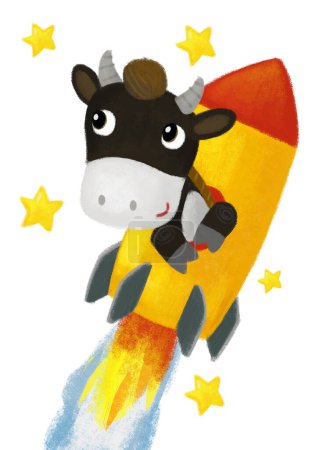 Foto de Escena de dibujos animados con vaca toro joven feliz volando en la raqueta a la luna mirando las estrellas ilustración para los niños - Imagen libre de derechos