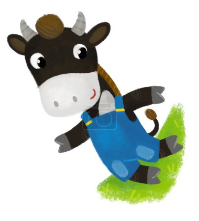 Téléchargez les photos : Scène de dessin animé avec fermier heureux ranch vache taureau courir dans les dungarees sur la prairie illustration pour les enfants - en image libre de droit