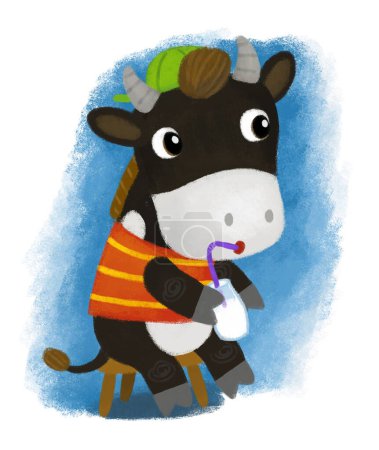 Téléchargez les photos : Scène de dessin animé avec fermier heureux ranch vache taureau assis dans les dungarees et boire du lait illustration pour les enfants - en image libre de droit