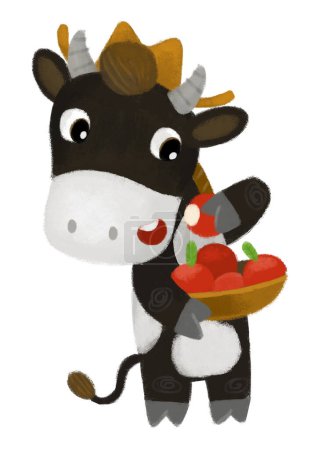 Photo for Cartoon scene with happy farmer ranch cow bull holding basket full of apples illustration for children - Royalty Free Image