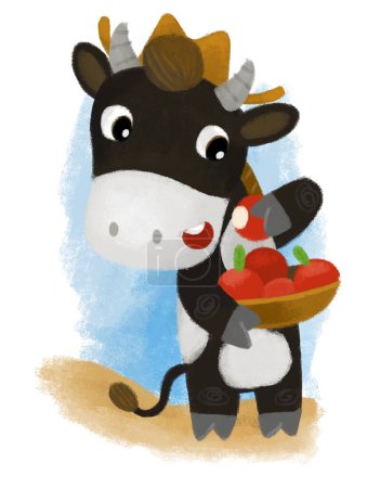 Téléchargez les photos : Scène de dessin animé avec fermier heureux ranch vache taureau exploitation panier plein de pommes illustration pour les enfants - en image libre de droit