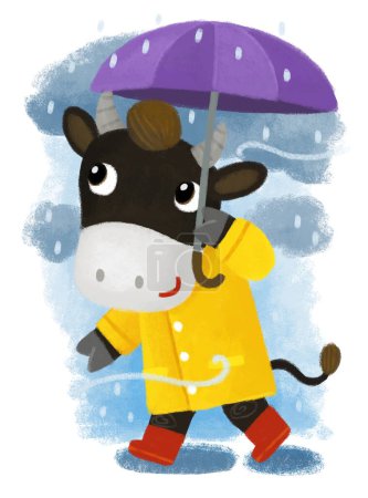 Téléchargez les photos : Scène de dessin animé avec vache fermière heureuse sur le voyage avec parapluie sous la pluie heureux s'amuser dans l'illustration de manteau de pluie jaune pour les enfants - en image libre de droit