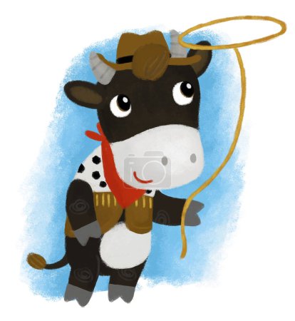 Téléchargez les photos : Scène de dessin animé avec fermier heureux ranch vache taureau tenant la corde et faire lasso illustration pour les enfants - en image libre de droit