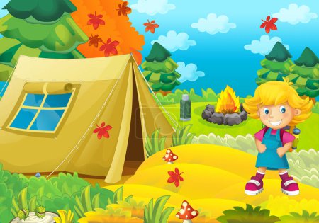 Photo for Cartoon scene with young kid traveling in the nature childhood cheerful scout illustration - Royalty Free Image