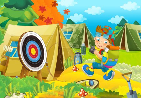 Photo for Cartoon scene with young kid traveling in the nature childhood cheerful scout illustration - Royalty Free Image