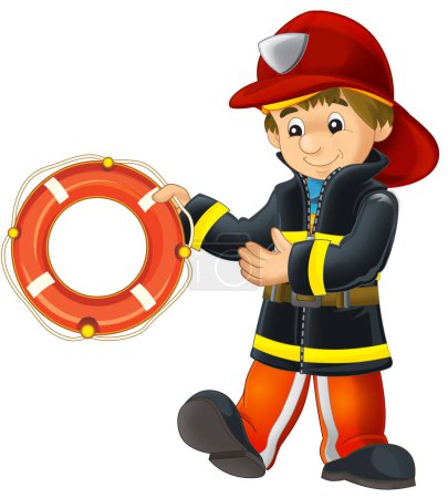 Cartoon glücklicher und lustiger Feuerwehrmann mit Rettungsring isolierte Illustration für Kinder