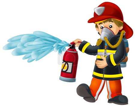 cartoon happy and funny fireman with extinguisher putting out the fire isolated illustration for kids