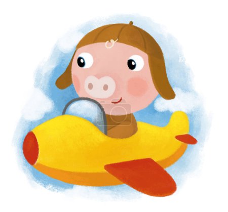 Téléchargez les photos : Dessin animé scène avec cochon de ferme garçon enfant avion transport illustration pour les enfants - en image libre de droit