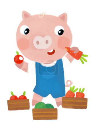 Photo for Cartoon scene with happy farmer ranch pig hog holding basket full of apples illustration for kids - Royalty Free Image