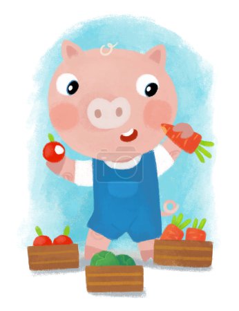 Téléchargez les photos : Scène de dessin animé avec fermier heureux ranch porc porc panier d'exploitation plein de pommes illustration pour les enfants - en image libre de droit