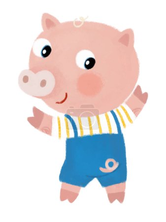 Foto de Escena de dibujos animados con niño cerdo granja de pie sonriendo y mirando en dungerees ilustración para niños - Imagen libre de derechos