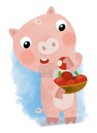 Foto de Escena de dibujos animados con cerdo rancho granjero feliz celebración cesta llena de manzanas y comer ilustración para los niños - Imagen libre de derechos