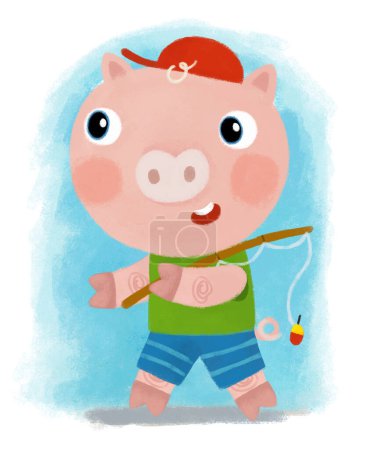Téléchargez les photos : Scène de dessin animé avec un enfant de garçon de ferme marchant vers le poisson et souriant et regardant dans l'illustration dungerees pour les enfants - en image libre de droit