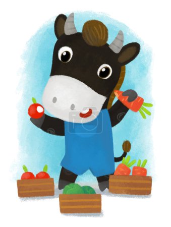 Téléchargez les photos : Scène de dessin animé avec un paysan garçon vache taureau tenant de la nourriture ou essayant de vendre des illustrations pour enfants - en image libre de droit