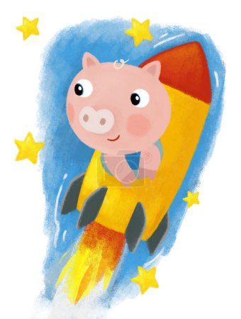 Photo for Cartoon scene with happy young pig hog flying on the racket to the moon looking at the stars illustration for kids - Royalty Free Image