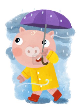Cartoon-Szene mit glücklichem Bauernschweinchen auf der Reise mit Regenschirm im Regen glücklich Spaß im gelben Regenmantel Illustration für Kinder