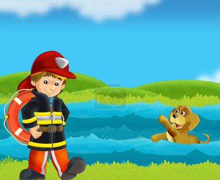 cartoon scene with fireman lifeguard recuing dog from drowning in river stream illustration for kids